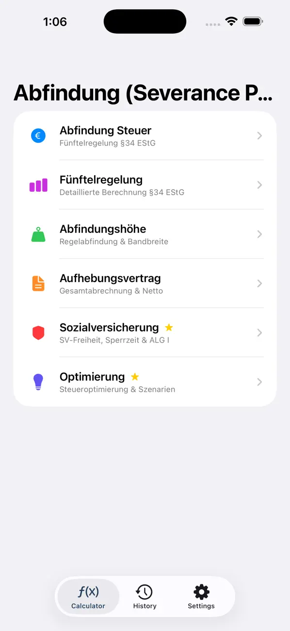 Abfindungsrechner payout estimate screen