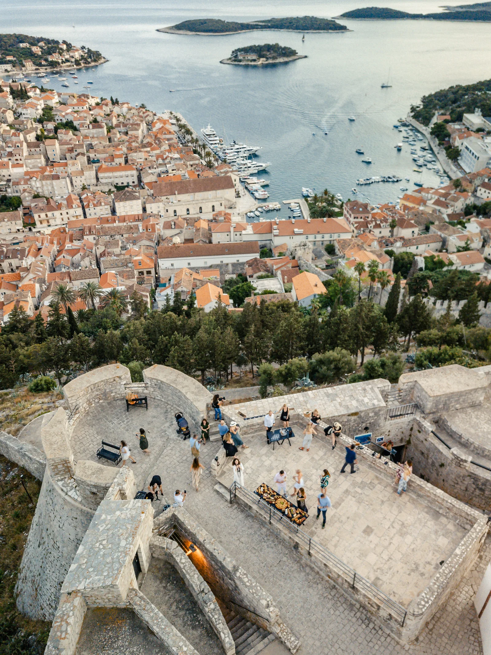 Drone view of a premium event setting above Hvar old town